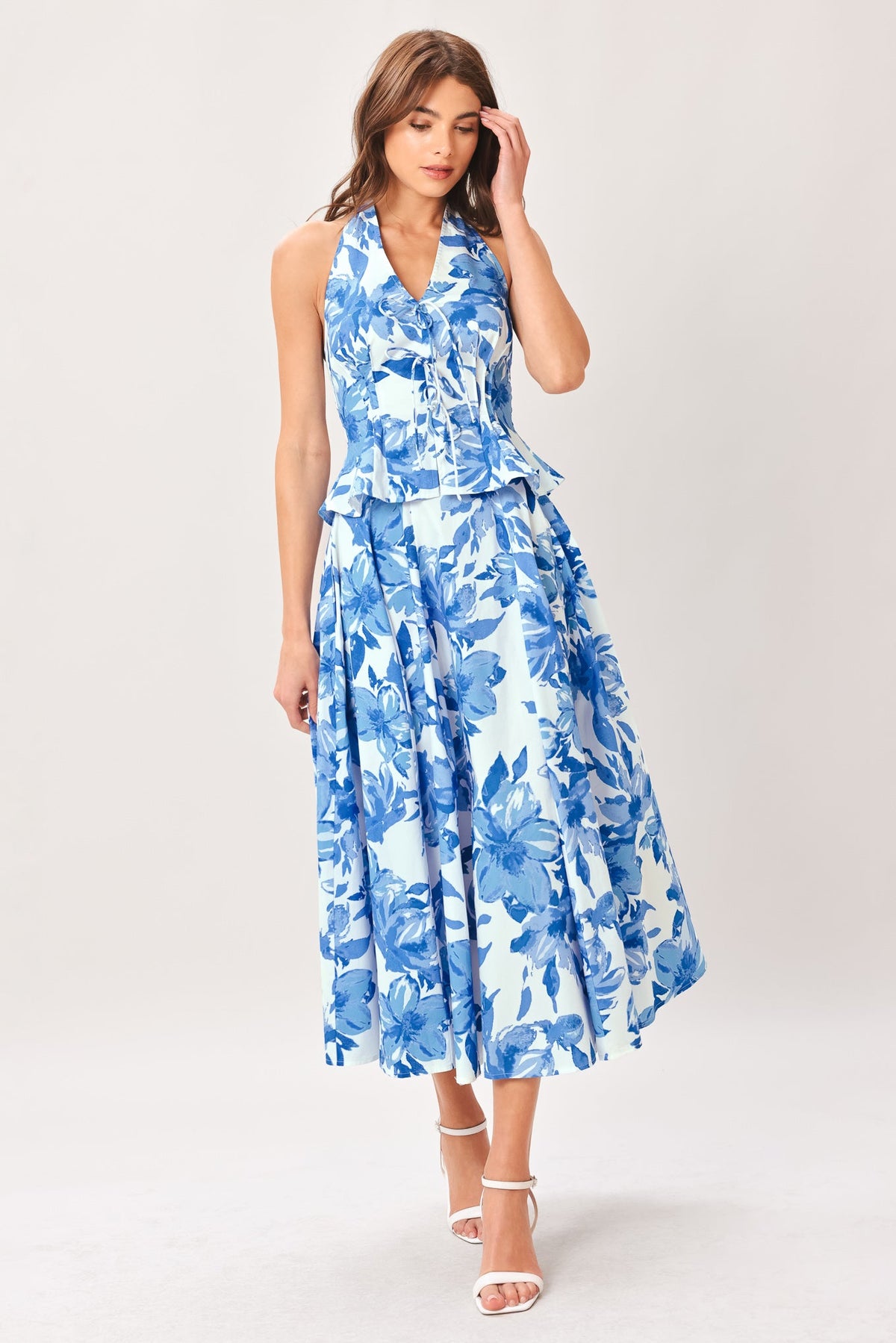 Flying Tomato SKY BLOSSOM woven full circle skirt in off-white and blue, featuring a floral print and flowing design.