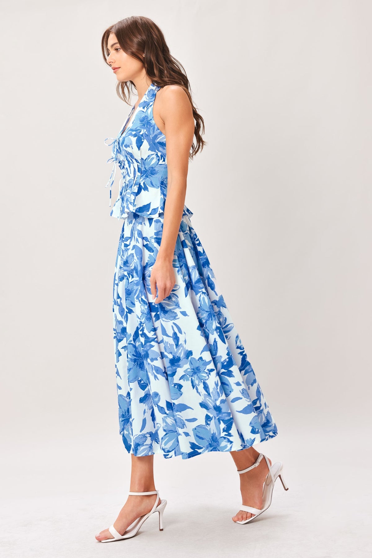Flying Tomato Sky Blossom woven full circle skirt in off-white and blue with a flowy, lightweight fabric and intricate woven design.
