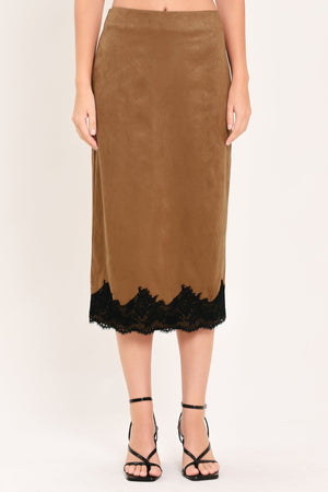 Flying Tomato Umber Lace Afterglow faux suede straight skirt in brown, shown on a mannequin with a smooth, sleek fit.