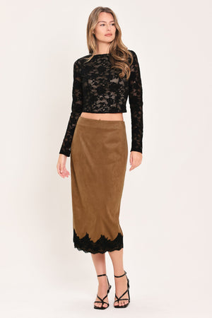 Brown Umber Lace Afterglow faux suede straight skirt by Flying Tomato, shown with a smooth, fitted silhouette and lace detailing.