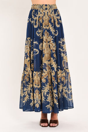 Flying Tomato Midnight Heritage Flow Woven Maxi Skirt in navy and brown with a flowing, woven design and a comfortable, stylish fit.