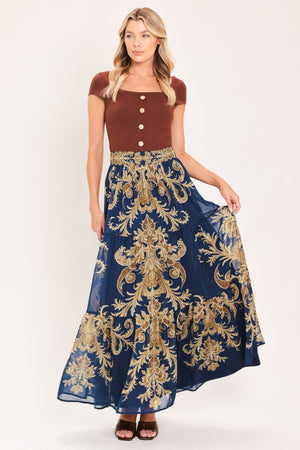 Navy and brown woven maxi skirt from Flying Tomato's Midnight Heritage Flow collection, featuring a flowing, lightweight design.