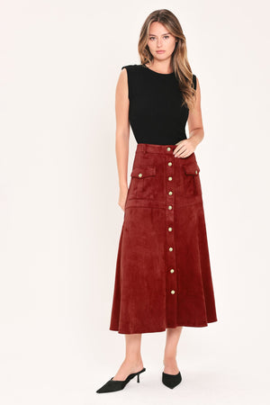 Flying Tomato rustic romance brick faux suede button-front midi skirt shown with front view and detailed buttons.