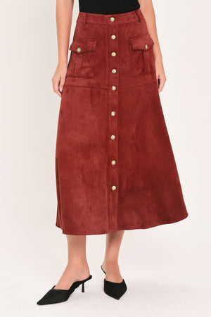 Flying Tomato rustic romance brick faux suede button-front midi skirt, showing a mid-length skirt with buttons and textured fabric.