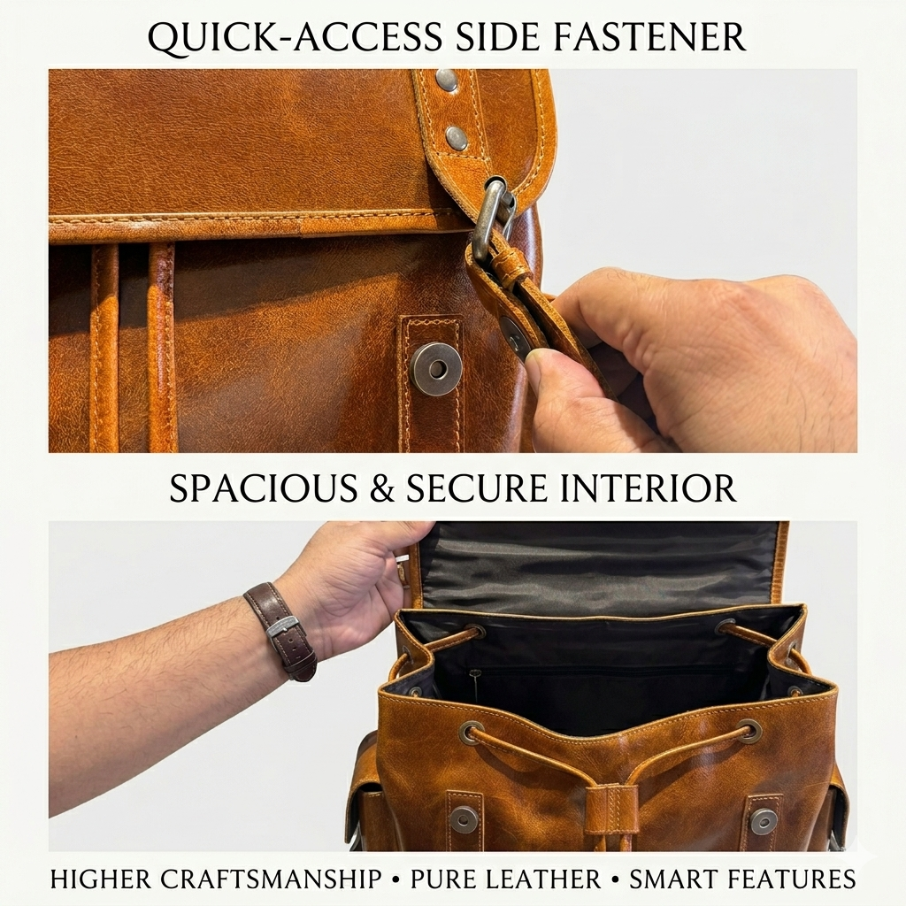 Earthen leather laptop backpack by Classy Leather Bags, spacious luxury leather design