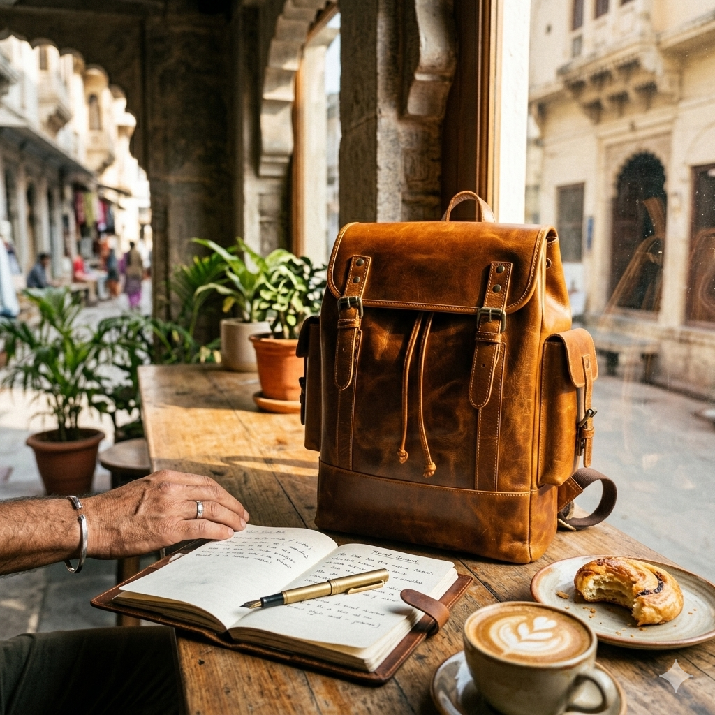 Earthen leather laptop backpack by Classy Leather Bags, luxury leather design with spacious compartments