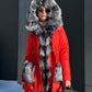 Roma Genuine Silver Fox Fur Rabbit Fur Insulated Parka in Red