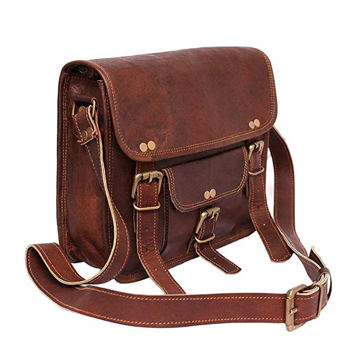 Brown leather sling messenger bag from Classy Leather Bags, featuring adjustable strap and multiple compartments for everyday use.