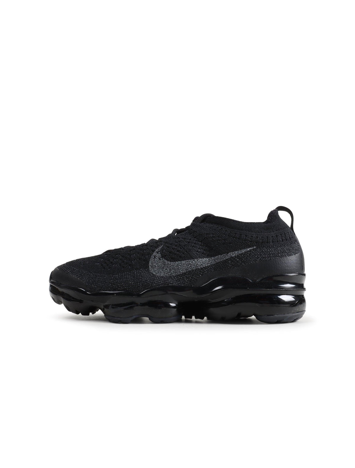 Black Nike Womens Air Vapormax 2023 Flyknit sneakers, lightweight athletic footwear with breathable knit upper.
