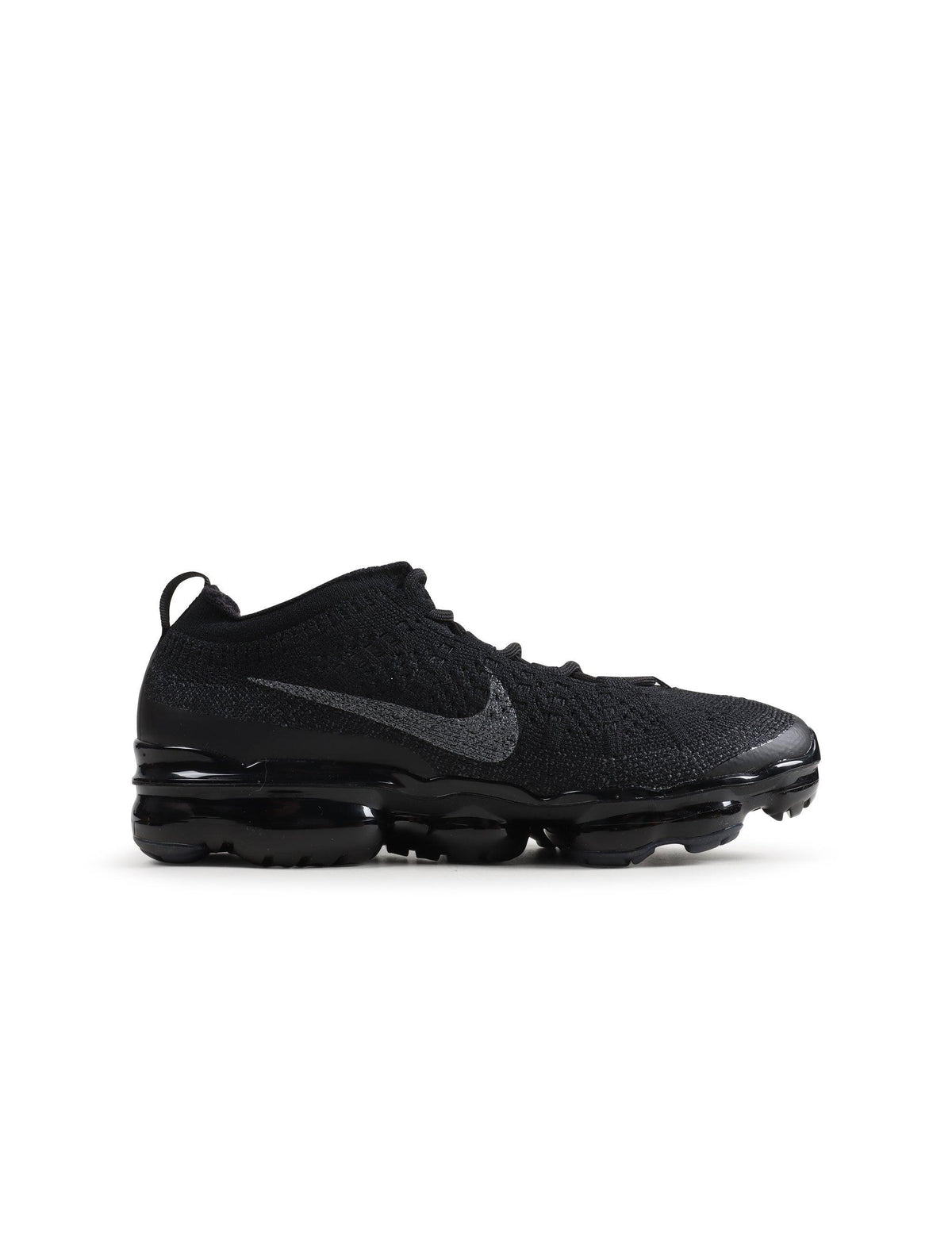 Black Nike Womens Air Vapormax 2023 Flyknit running shoes with breathable knit uppers and cushioned soles.