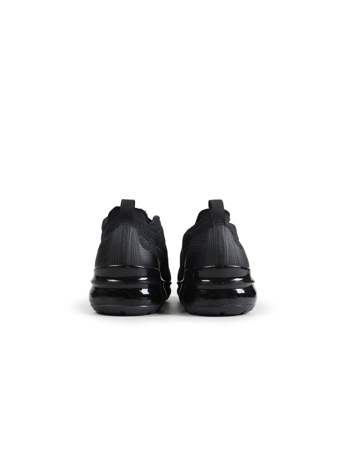 Black Nike Womens Air Vapormax 2023 Flyknit sneakers, lightweight athletic footwear with breathable Flyknit upper and Air Max sole.
