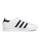 White and black Adidas men's Superstar sneakers, side view, featuring the classic shell toe design