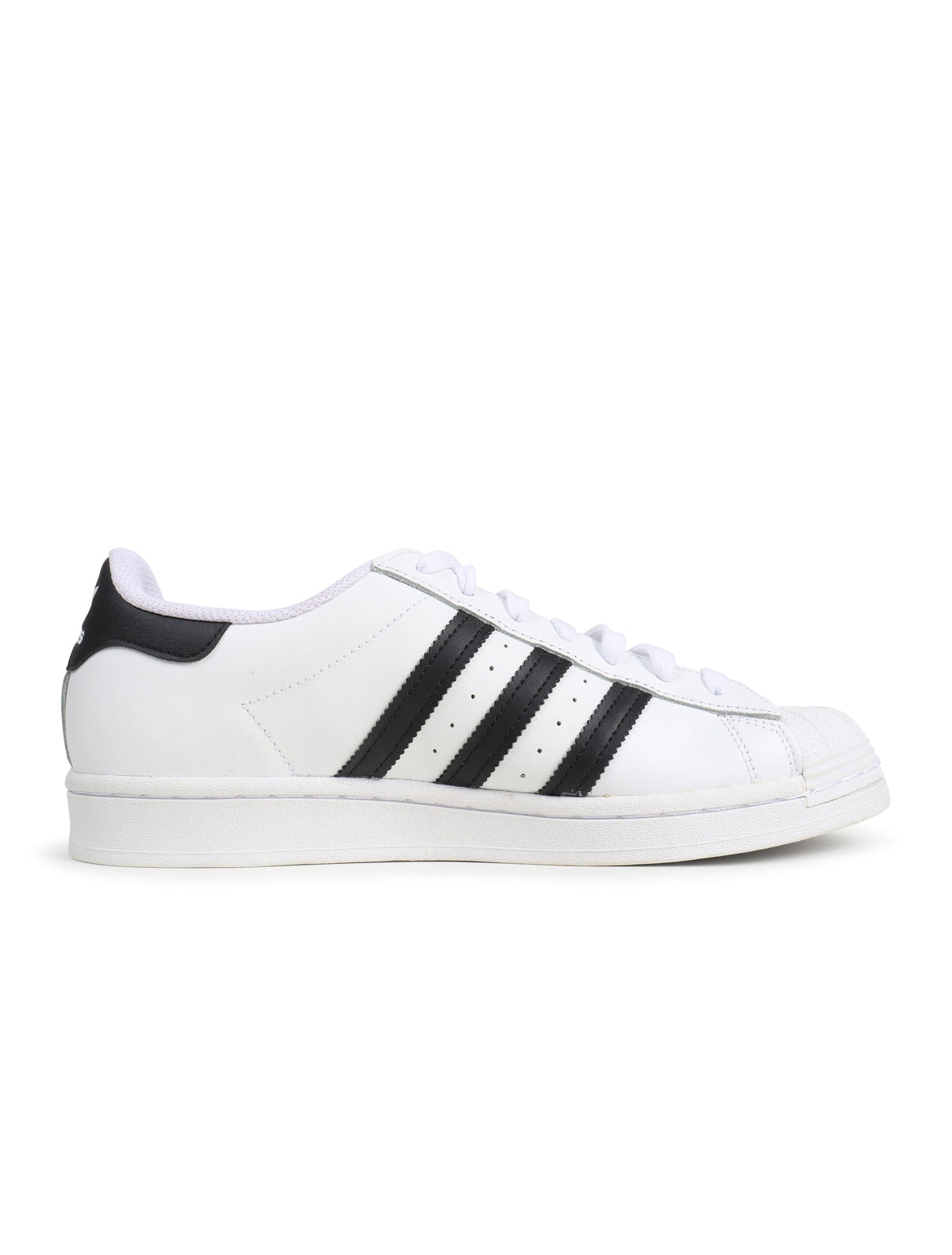 White and black Adidas men's Superstar sneakers, side view, featuring the classic shell toe design
