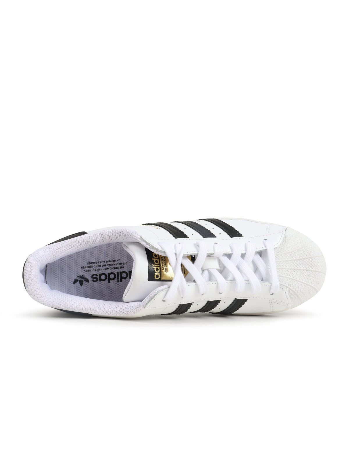 Adidas men's Superstar white and black sneakers, side view