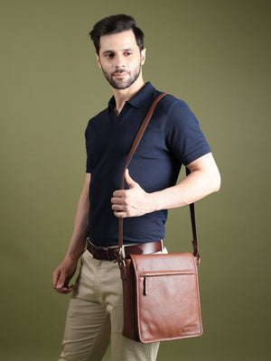 Leather crossbody messenger bag by Classy Leather Bags, designed for travel and work, with adjustable strap and multiple compartments.