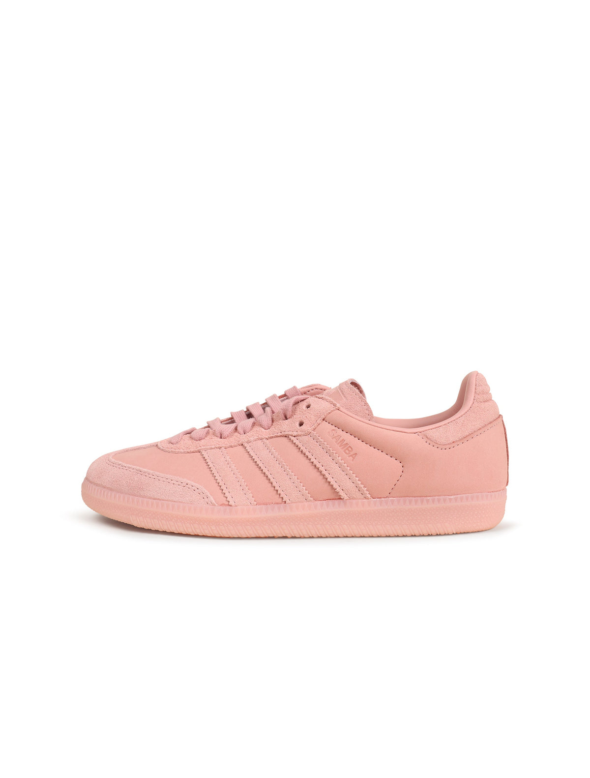 Adidas Womens Samba OG Wonder Mauve sneakers with white accents, classic low-top design, and textured rubber sole.