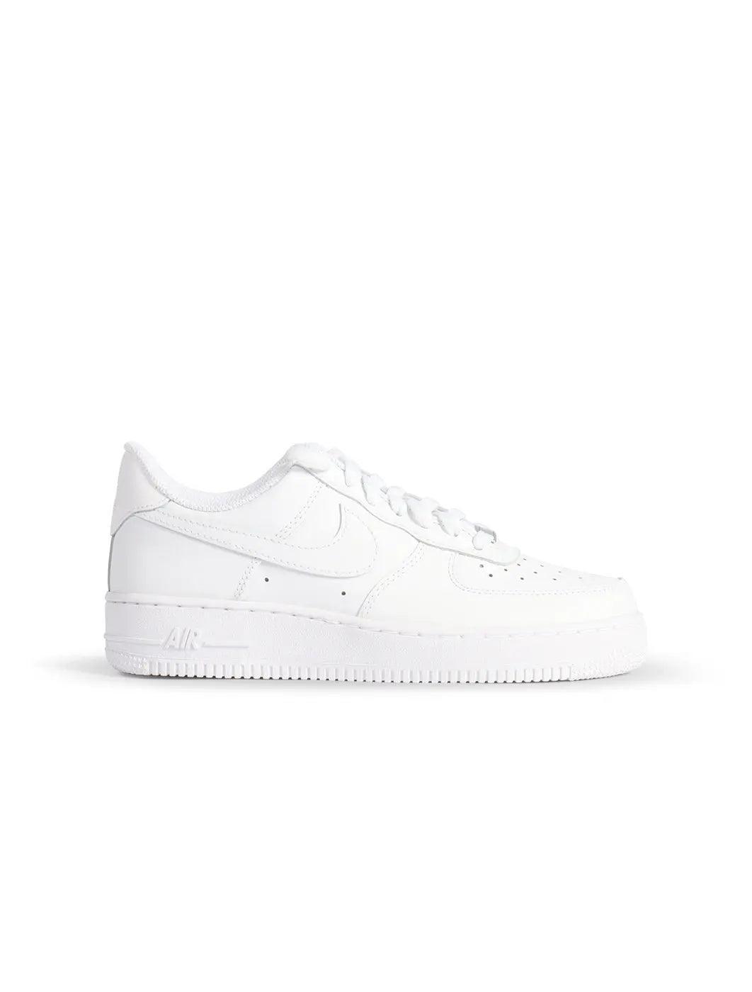 White Nike Womens Air Force 1 '07 sneakers, classic triple white design, showcasing the iconic footwear style.