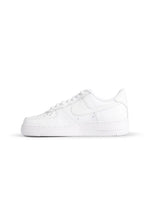 White Nike Women’s Air Force 1 '07 sneakers with clean design and classic style, displayed on a plain background.