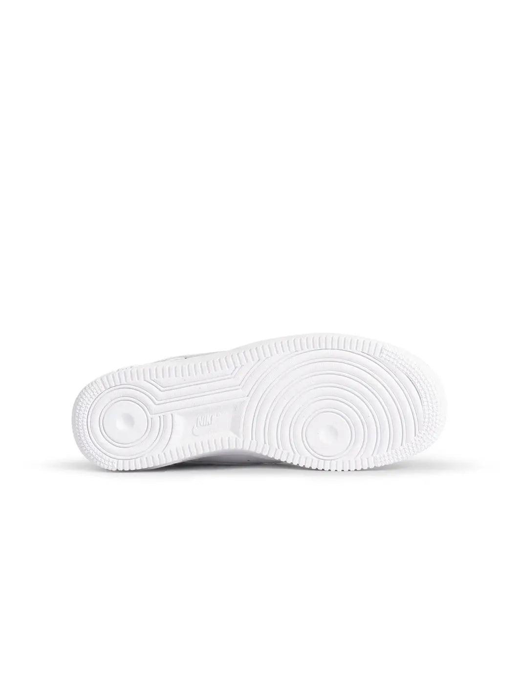 White Nike Women's Air Force 1 '07 sneakers with clean design, shown from a side angle on a plain background.