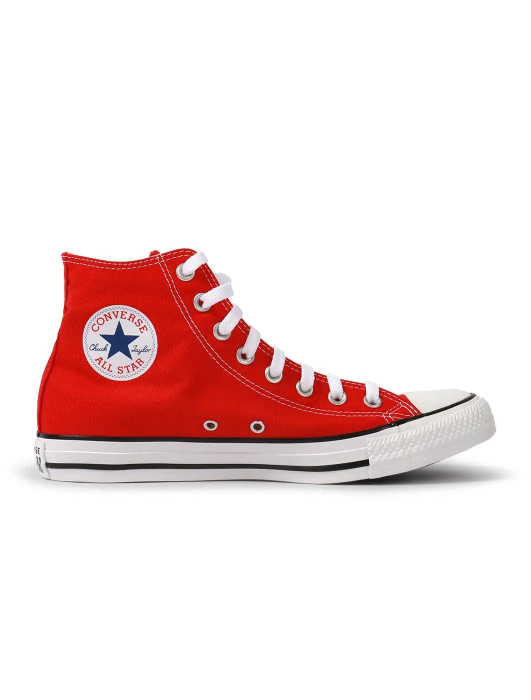 Men's red Converse Chuck Taylor Hi sneakers, high-top canvas footwear with classic white rubber toe cap