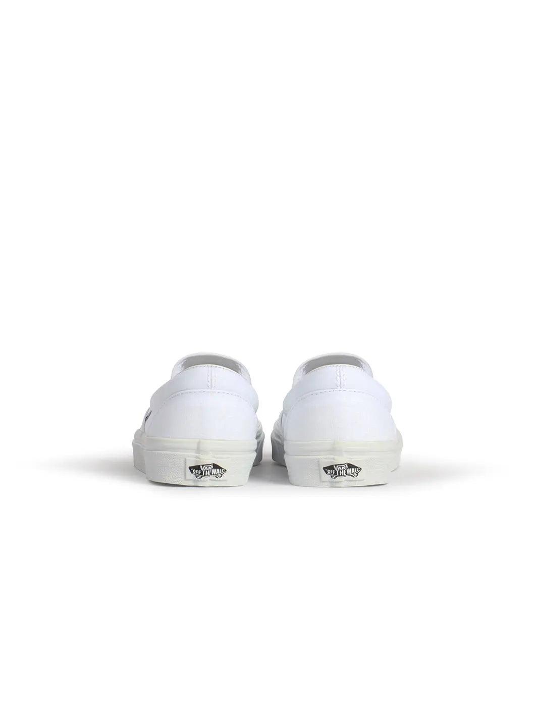 Men's Vans Classic Slip-On footwear in true white canvas with elastic side panels and rubber sole
