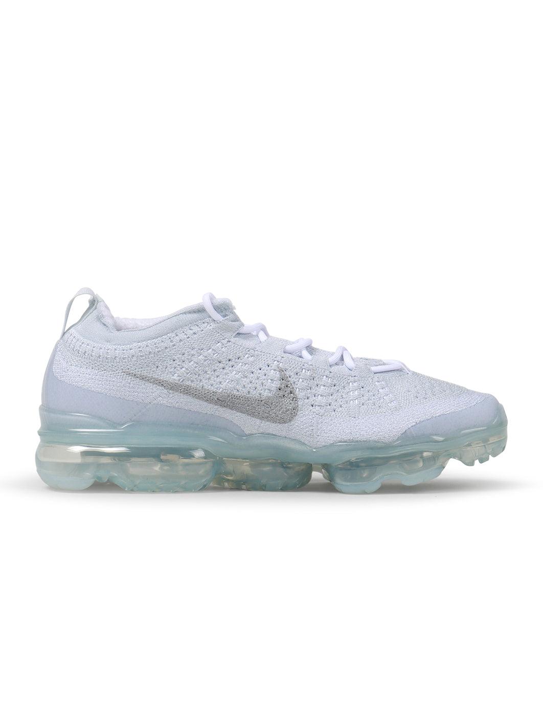 Nike men's Air Vapormax 2023 sneakers in Pure Platinum gray mesh with visible Air cushioning sole
