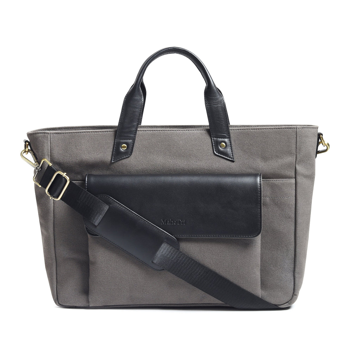 Gray Voyager Canvas Leather Briefcase by Classy Leather Bags, showcasing sturdy canvas and leather construction with multiple compartments.