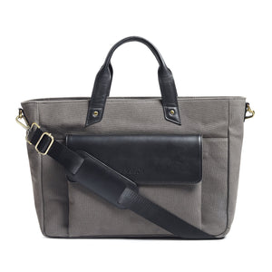 Gray Voyager Canvas Leather Briefcase by Classy Leather Bags, showcasing sturdy canvas and leather construction with multiple compartments.