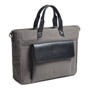 Gray Voyager canvas leather briefcase by Classy Leather Bags, featuring sturdy handles and a sleek, professional design.