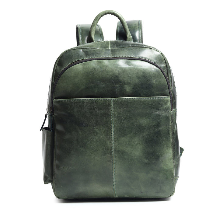 Green Italian leather backpack by Classy Leather Bags, stylish and spacious with adjustable straps and top handle.