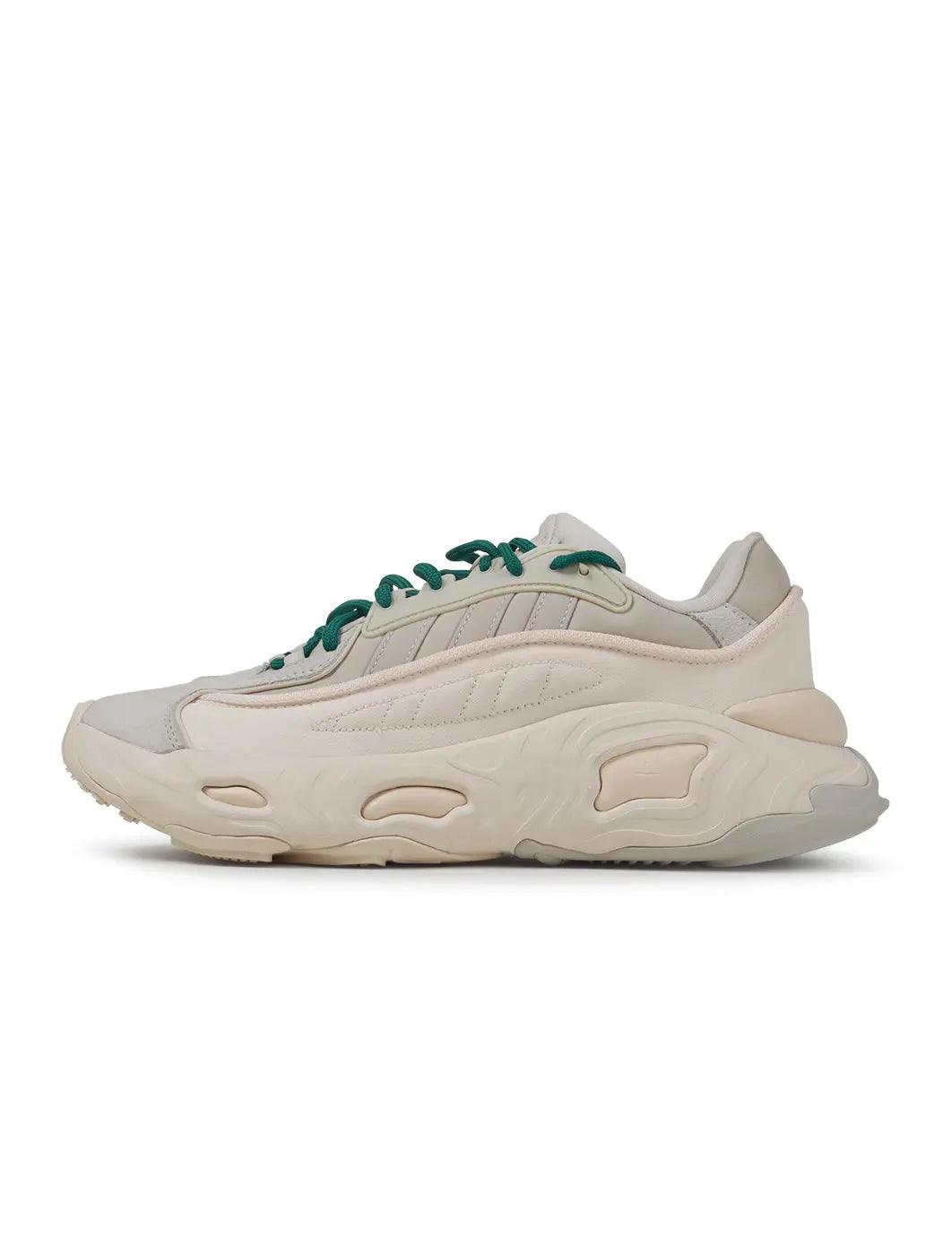 Men's Adidas Ozweego sneakers in chalk white, displayed from the side.