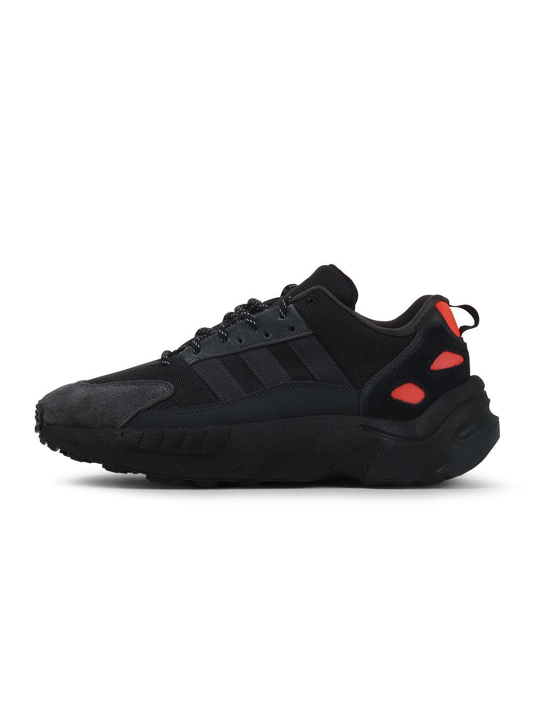 Men's Adidas ZX 22 Boost footwear in black with Solar Red accents and cushioned sole