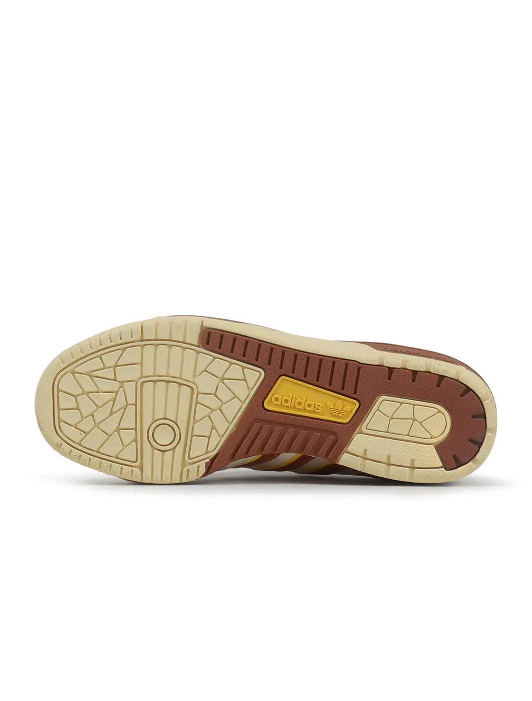 Adidas Men's Rivalry Low 86 brown sneakers, low-top footwear with brown leather and suede accents, casual athletic style.