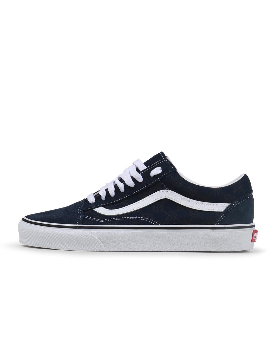 Men's Vans Old Skool sneakers in Parisian Night Monogram design, showcasing black and white canvas and signature side stripe.