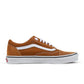 Vans men's Old Skool sneakers in golden brown leather, featuring classic side stripe and white rubber sole.