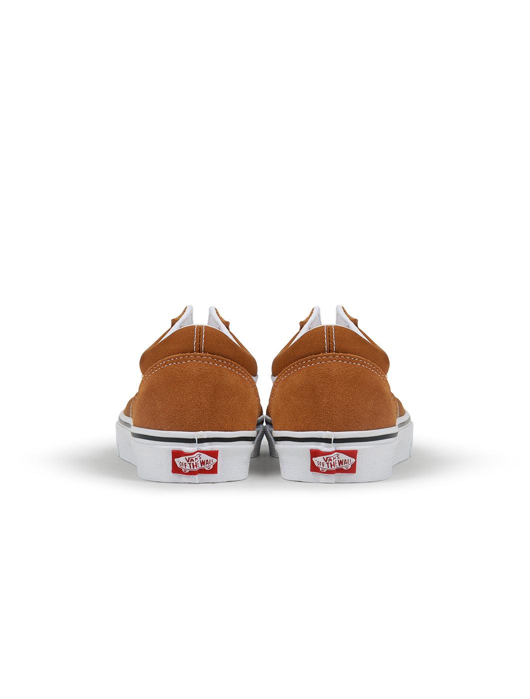 Vans men's Old Skool sneakers in golden brown suede and canvas with white rubber sole, casual footwear for men.