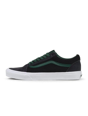Vans men's Old Skool sneakers in stone green color, showcasing the classic skate shoe style with white side stripe and green laces.