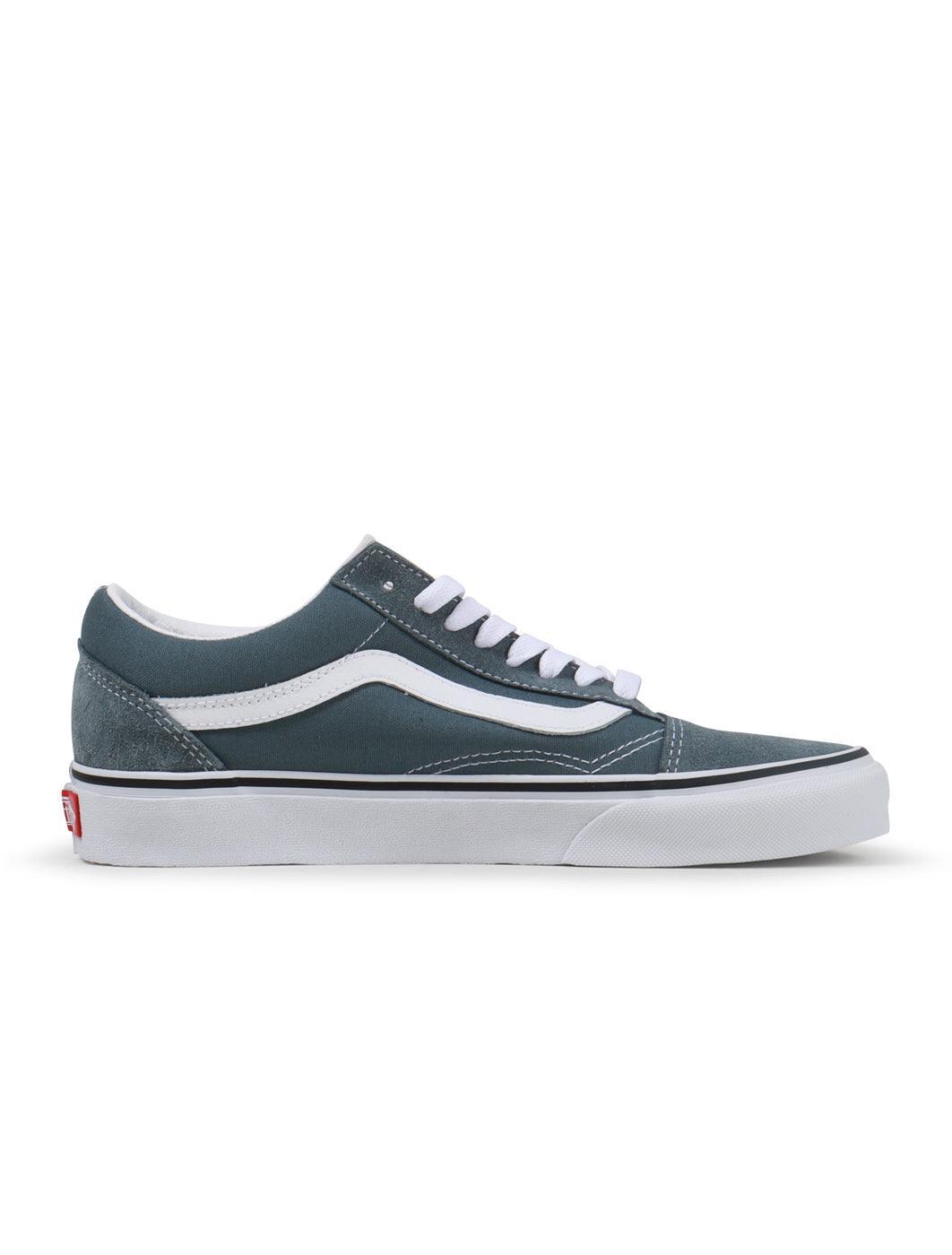 Vans Mens Old Skool Stormy Weather sneakers with gray and black canvas and suede, classic skate shoe style.