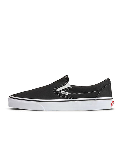Denim Exchange men's black Classic Slip-On footwear by Vans with signature checkerboard detailing