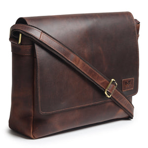 Genuine Sitka leather messenger bag by Classy Leather Bags, showing the sleek brown leather exterior and adjustable shoulder strap.