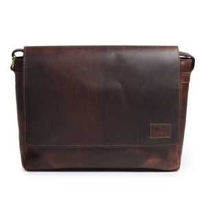 Genuine Sitka leather messenger bag by Classy Leather Bags, featuring a sleek design and multiple compartments for laptops.