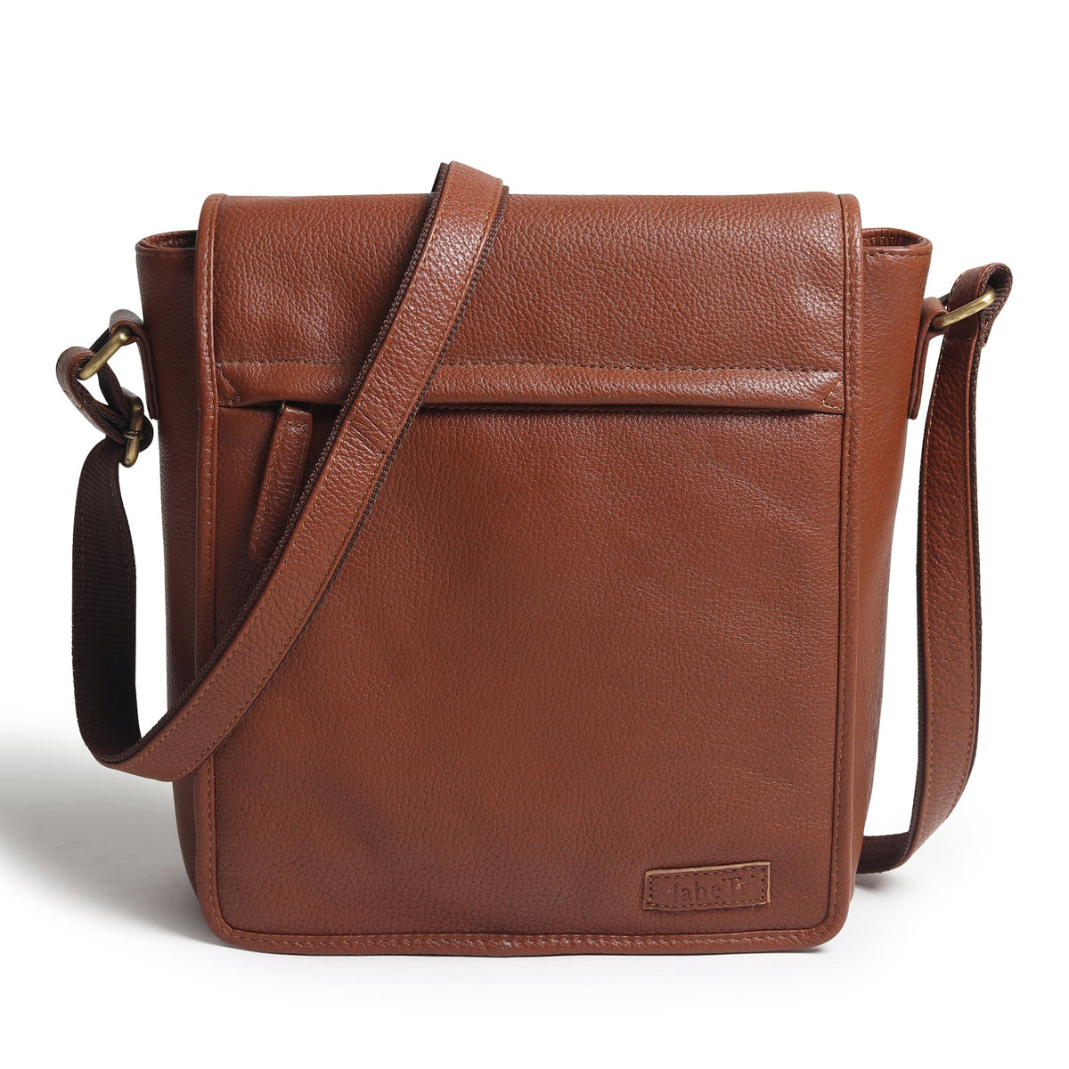 Leather crossbody messenger bag by Classy Leather Bags, designed for travel and work, showing a sleek brown leather strap and spacious interior.