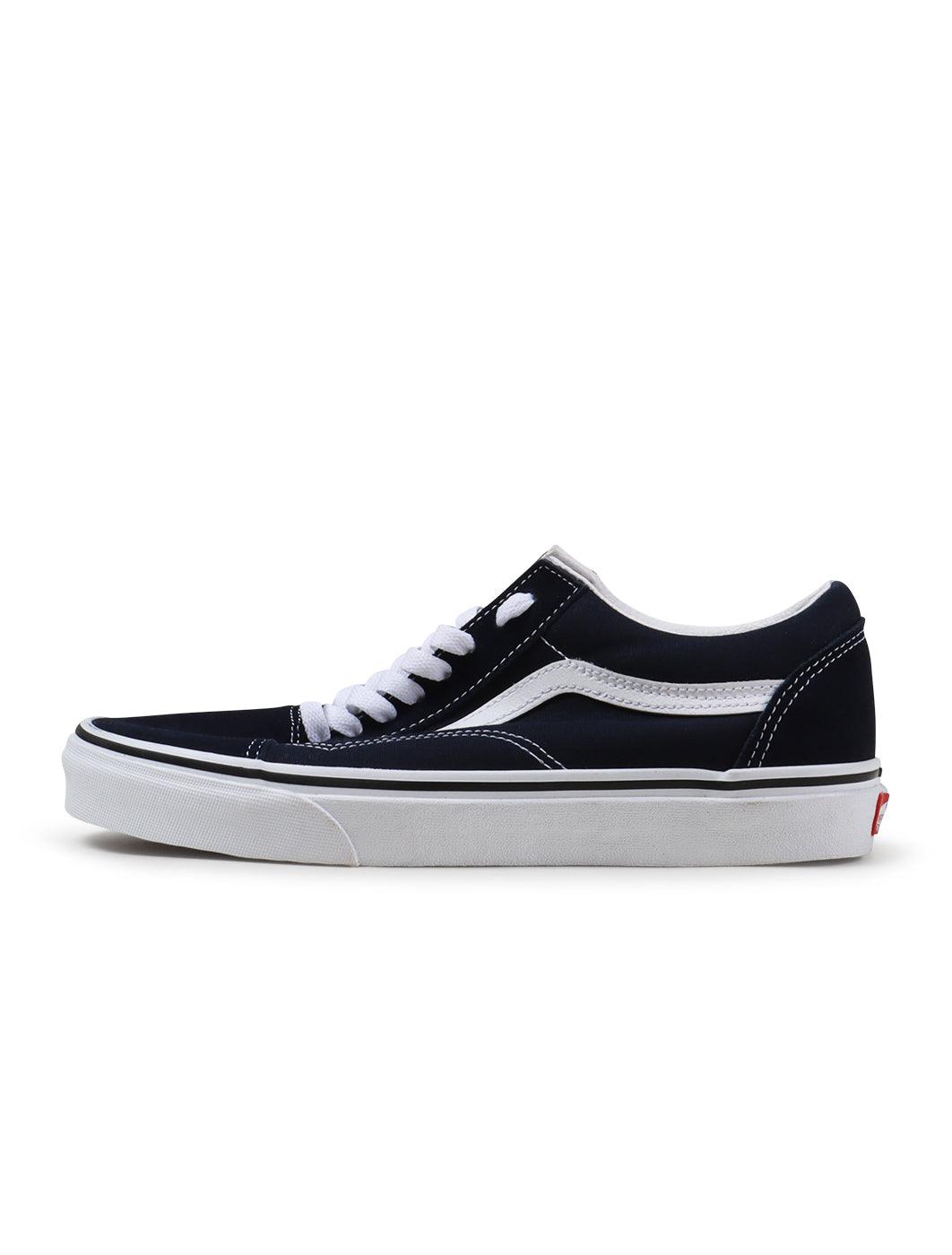 Men's Vans Old Skool sneakers in Parisian Night and White colorway, showcasing classic skate shoe design and durable canvas and suede.
