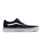 Men's Vans Old Skool sneakers in Parisian Night and white colorway, featuring classic skate shoe design and black canvas with white accents.