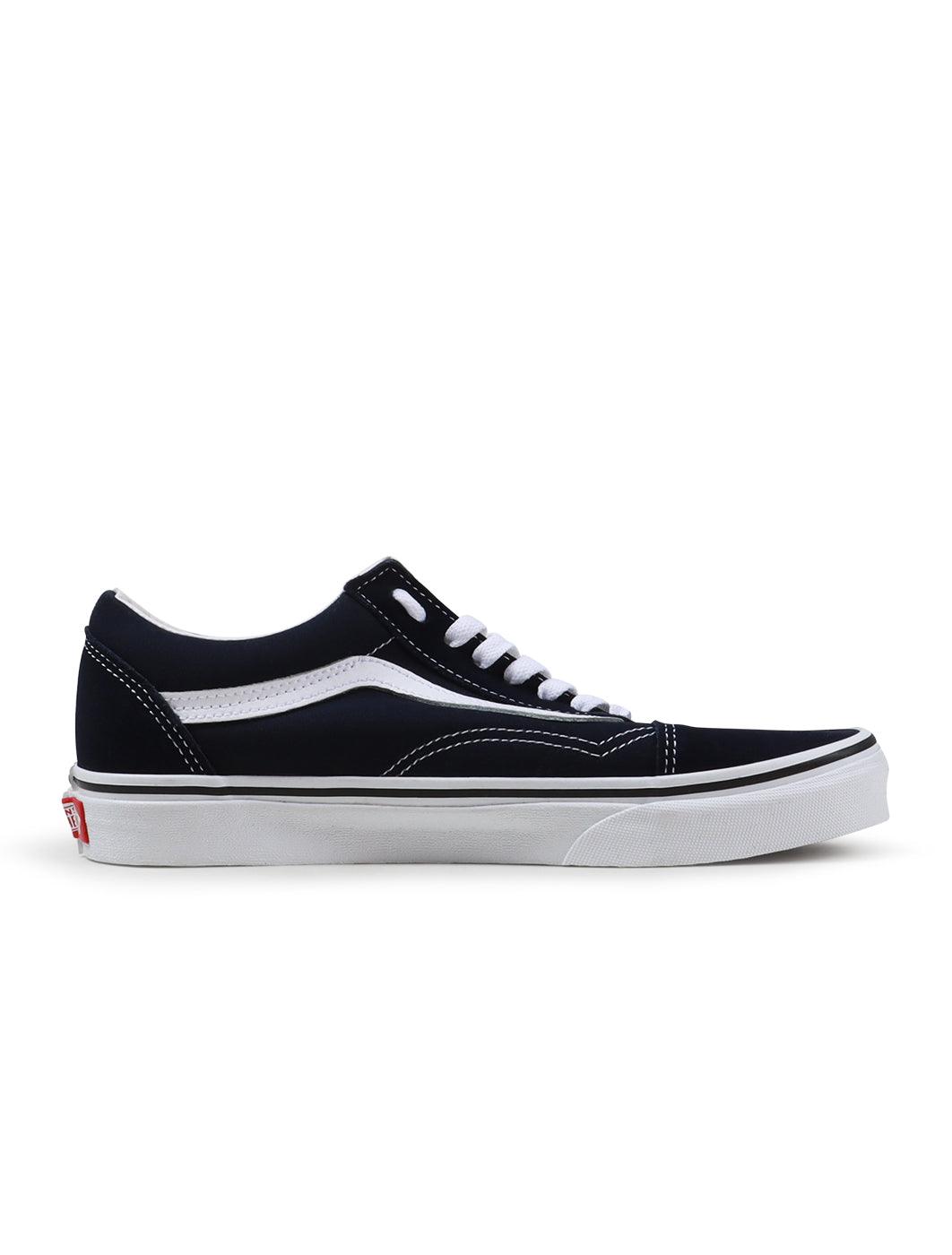 Men's Vans Old Skool sneakers in Parisian Night and white colorway, featuring classic skate shoe design and black canvas with white accents.