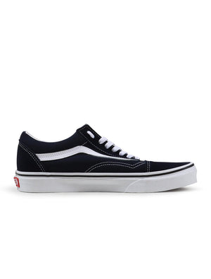 Men's Vans Old Skool sneakers in Parisian Night and white colorway, featuring classic skate shoe design and black canvas with white accents.
