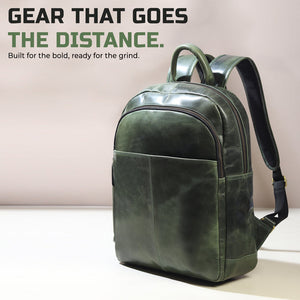 Green luxury Italian leather backpack from Classy Leather Bags with adjustable straps and spacious interior.