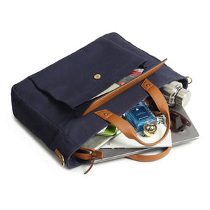 Dark blue Voyager canvas leather briefcase by Classy Leather Bags, showing sturdy handles and sleek design.