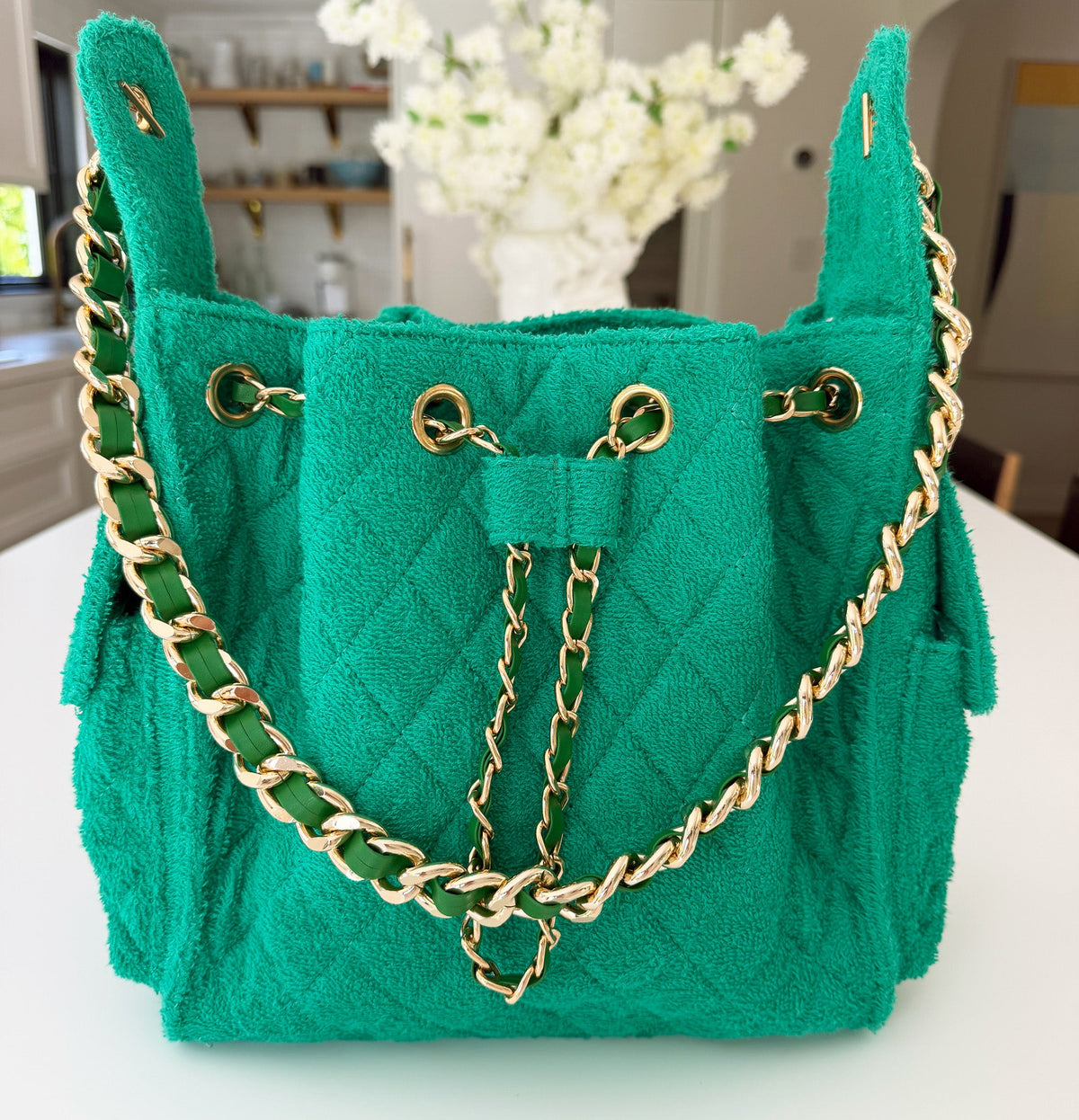 BEACH HAUS Bayshore Small Bucket Bag in Kelly Green, structured handbag with drawstring closure and shoulder strap