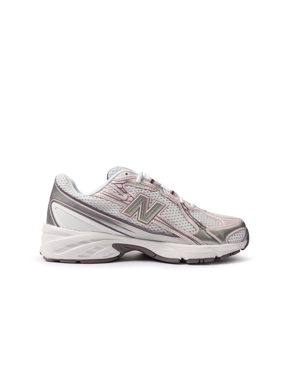 New Balance Women's 740 purple and white athletic shoes, stylish footwear with white laces and cushioned soles.